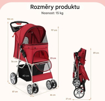 Skladací kočík pre domácich miláčikov B0C347JYDH, s úložným košom a nastaviteľnou strieškou, červený -