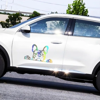 Samolepka na auto s francouzským buldočkem, holografická reflexní, vtipná samolepka s vykukujícím