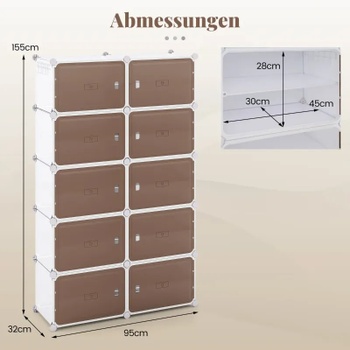 Botník s 10 úrovňami JZ10401WH, pre 40 párov topánok, 95 x 32 x 155 cm, biela - N