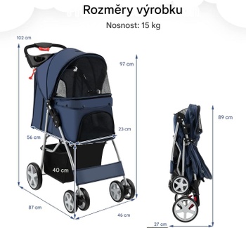 Skladací kočík pre psy a mačky s úložným košom B09QWWTWBP, s držiakom na kelímky, modrý - N