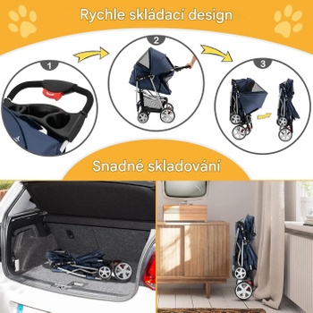 Skladací kočík pre psy a mačky s úložným košom B09QWWTWBP, s držiakom na kelímky, modrý - N
