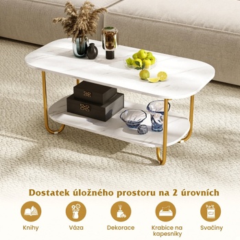 Dvojposchodový konferenčný stolík JV12418WH, 100 x 50 x 45 cm, bielo/zlatý - N