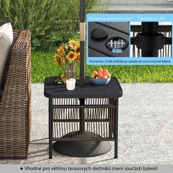 Záhradný ratanový stolík s otvorom pre slnečník VX90495DE-GL, 56 x 56 x 49 cm, čierny - N