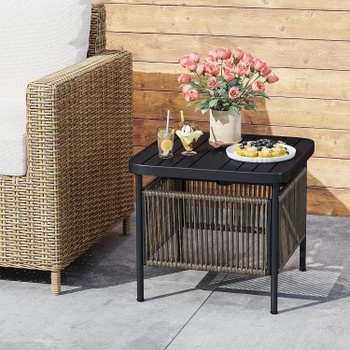 Záhradný ratanový stolík s otvorom pre slnečník VX90495DE-GL, 56 x 56 x 49 cm, čierny - N