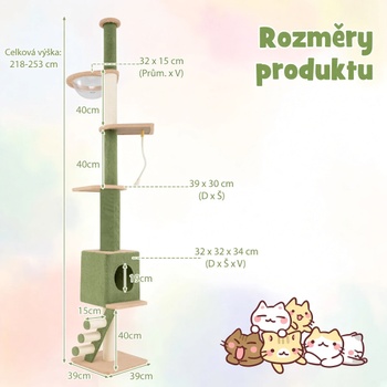 Škrabadlo pre mačky PV10208GN, 5 poschodí, výška 218-253 cm, zelená - N