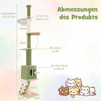 Škrabadlo pre mačky PV10208GN, 5 poschodí, výška 218-253 cm, zelená - N