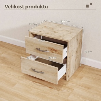 Nočný stolík s 2 zásuvkami HU10888OK, 38,5 x 28 x 39 cm, dub - N