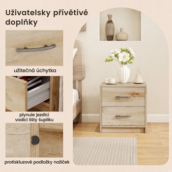 Nočný stolík s 2 zásuvkami HU10888OK, 38,5 x 28 x 39 cm, dub - N