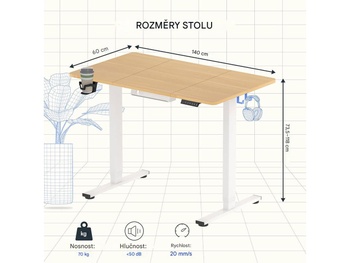 Nastaviteľný elektrický stôl QE1W-1460-EUV1, 140 x 60 cm, biely - N