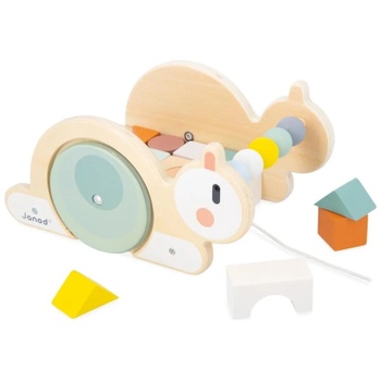 Drevený ťahací vozík Slimák J04054 s 16 kockami, od 18 mesiacov, prírodný - N
