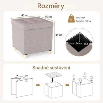 Úložný taburet JZ10343BE z ľanovej látky, béžový - A