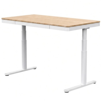 Elektrický výškovo nastaviteľný stôl Q8, bambus, 140 x 70 cm, biely - N