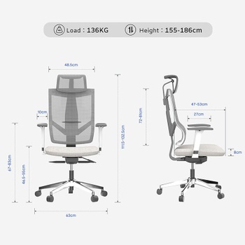 Ergonomická kancelárska stolička BS6G, sieťované operadlo s 3D podrúčkami, sivá - B