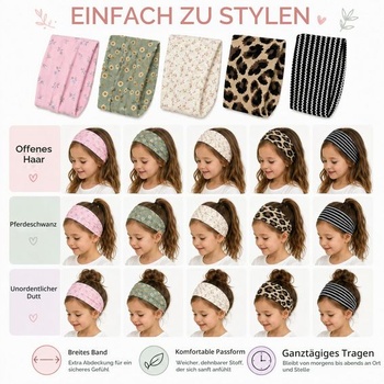 Balení 5 dívčích čelenek, elastická široká čelenka pro ženy, prodyšná, pohodlná na nošení, bavlněná