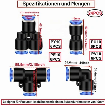 24 kusů 10mm rychlospojek Air Push, pneumatické násuvné spojky, pneumatické konektory,