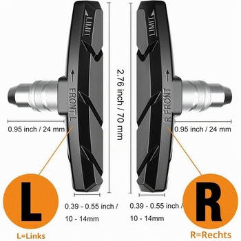 4 brzdové doštičky na bicykel, brzdové čeľuste V-brake 70 mm, čierne