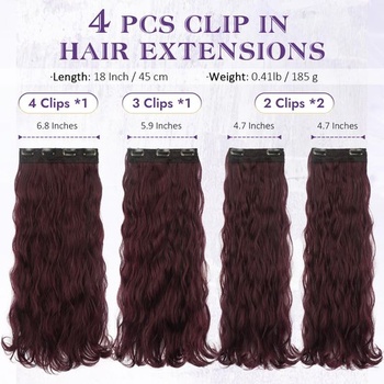 RUWISS Clip-in prodlužování vlasů, 45 cm dlouhé vlnité clip-in prodlužování vlasů, 4 kusy