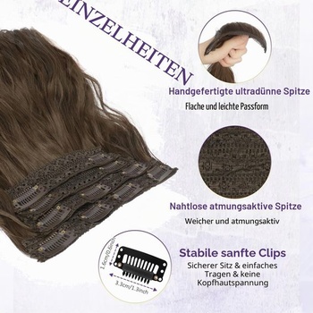 RUWISS Clip-in prodlužování vlasů, 45 cm dlouhé vlnité clip-in prodlužování vlasů, 4 kusy