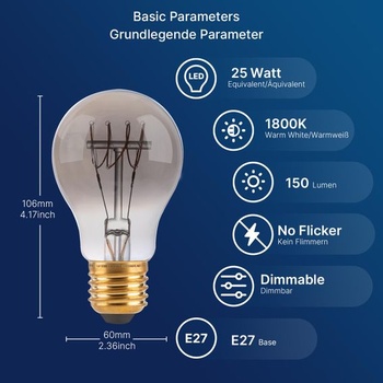 FLSNT Stmievateľná E27 LED teplá biela, A60 LED špirálová žiarovka Edison Vintage, 4W (nahrádza 25W),
