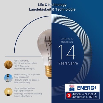 FLSNT Stmievateľná E27 LED teplá biela, A60 LED špirálová žiarovka Edison Vintage, 4W (nahrádza 25W),