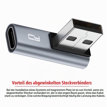 CY USB-C zásuvka, nízkoprofilová, pravoúhlá 90 stupňů na USB 3.0 A zástrčku, datový adaptér pro