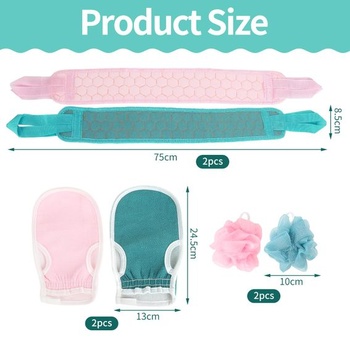 6dielna sprchová sada s 2x exfoliačnými rukavicami, 2x exfoliačnými obrúskami, 2x kúpeľovými