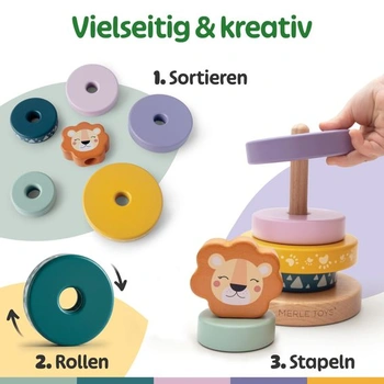 Merle Toys® Dřevěná stohovací věž pro děti od 1 roku, Dětská stohovací věž, dřevo, 100% FSC, Lev