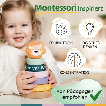 Merle Toys® Dřevěná stohovací věž pro děti od 1 roku, Dětská stohovací věž, dřevo, 100% FSC, Lev