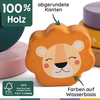 Merle Toys® Dřevěná stohovací věž pro děti od 1 roku, Dětská stohovací věž, dřevo, 100% FSC, Lev