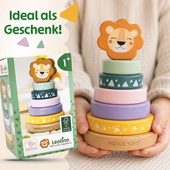 Merle Toys® Dřevěná stohovací věž pro děti od 1 roku, Dětská stohovací věž, dřevo, 100% FSC, Lev