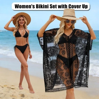 Dámský set bikin s přehozem, Plážové šaty, Dámské plavky, Krajkový plážový přehoz, Prolamovaný set