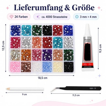 Súprava Bedazzler s lepidlom, 4000 kamienkových nechtov, 24 farieb, 3–4 mm