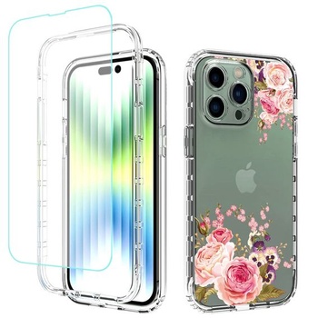 Ochranný kryt pre iPhone 14 Pro Max s tvrdeným sklom - Puzdro s kvetinovým vzorom, kompletné