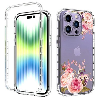Ochranný kryt pre iPhone 14 Pro Max s tvrdeným sklom - Puzdro s kvetinovým vzorom, kompletné