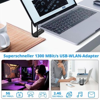 USB WLAN adaptér pre PC - internetový adaptér 1300 Mbps USB 3.0 dvojpásmový