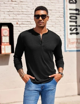 Pánske tričko s dlhým rukávom COOFANDY Henley Shirt Basic, veľkosť L, čierne