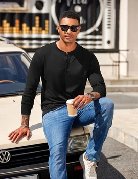 Pánske tričko s dlhým rukávom COOFANDY Henley Shirt Basic, veľkosť L, čierne