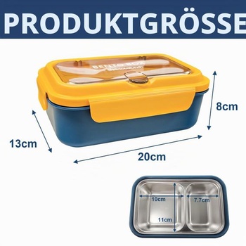 Olovrantový box s priehradkami, nerezový desiatový box, vidličky a lyžice súčasťou balenia a veko.