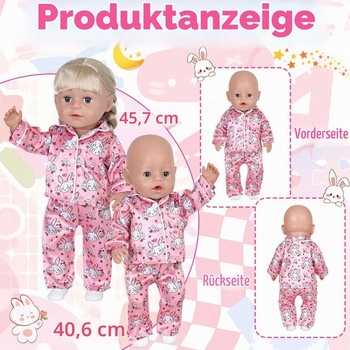 Oblečenie pre bábiky 43 cm, 6dielna spacia sada s motívom zajačika: spací vak, maska ​​na oči,