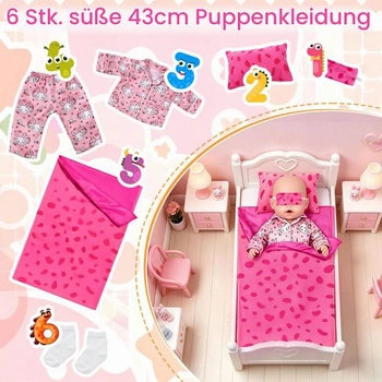 Oblečení pro panenky 43 cm, 6dílná spací sada s motivem zajíčka: spací pytel, maska na oči,