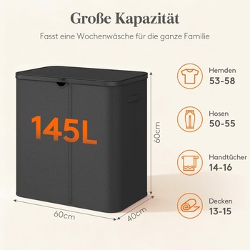 Koš na prádlo Lifewit 145 l s víkem a 2 vnitřními sáčky, černý Černý 145 l (2 přihrádky)