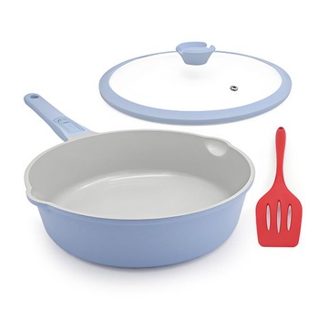 AIKENBBKK Keramická panvica 28 cm s pokrievkou, nepriľnavá - modrošedá, modrá 28 cm s pokrievkou