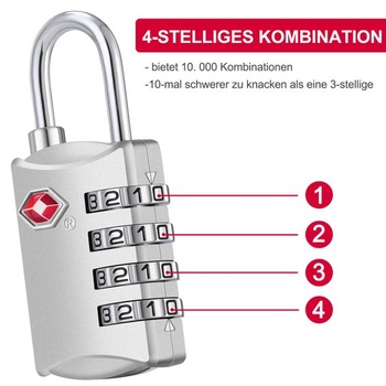 Zámky na kufry ZHEGE TSA, 4místný kombinační zámek (2, stříbrné) 2p, stříbrné