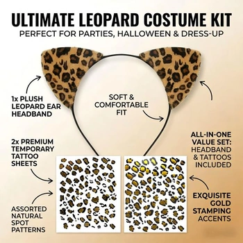 Čelenka s leopardím vzorem, 2 tetování, kočičí uši, dámská čelenka, karneval