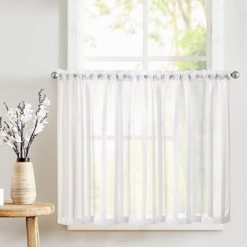 TOPICK Priesvitné pruhované závesy do kaviarne, 1 kus, V 60 x Š 125 cm, biele, s vreckom na tyč, biele,