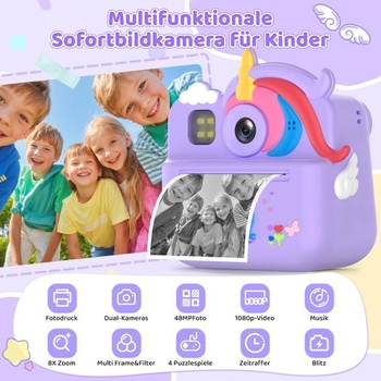 Okamžitý fotoaparát pre deti, 48MP selfie s okamžitou tlačou, 1080P HD, 32GB karta, fialová