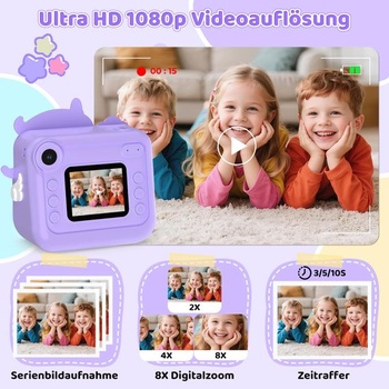 Okamžitý fotoaparát pro děti, 48MP selfie s okamžitým tiskem, 1080P HD, 32GB karta, fialová