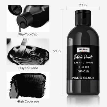 Černá textilní barva Nicpro, 250 ml, omyvatelná textilní barva, jemný pigment, netoxická černá
