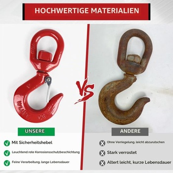 Žeriavový hák EXLECO s otočným okom, s aretačným mechanizmom, červený 3/8-1T