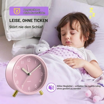 Ružový analógový budík pre dievčatá, tichý retro kovový budík s nočným svetlom a ružovo-zlatými